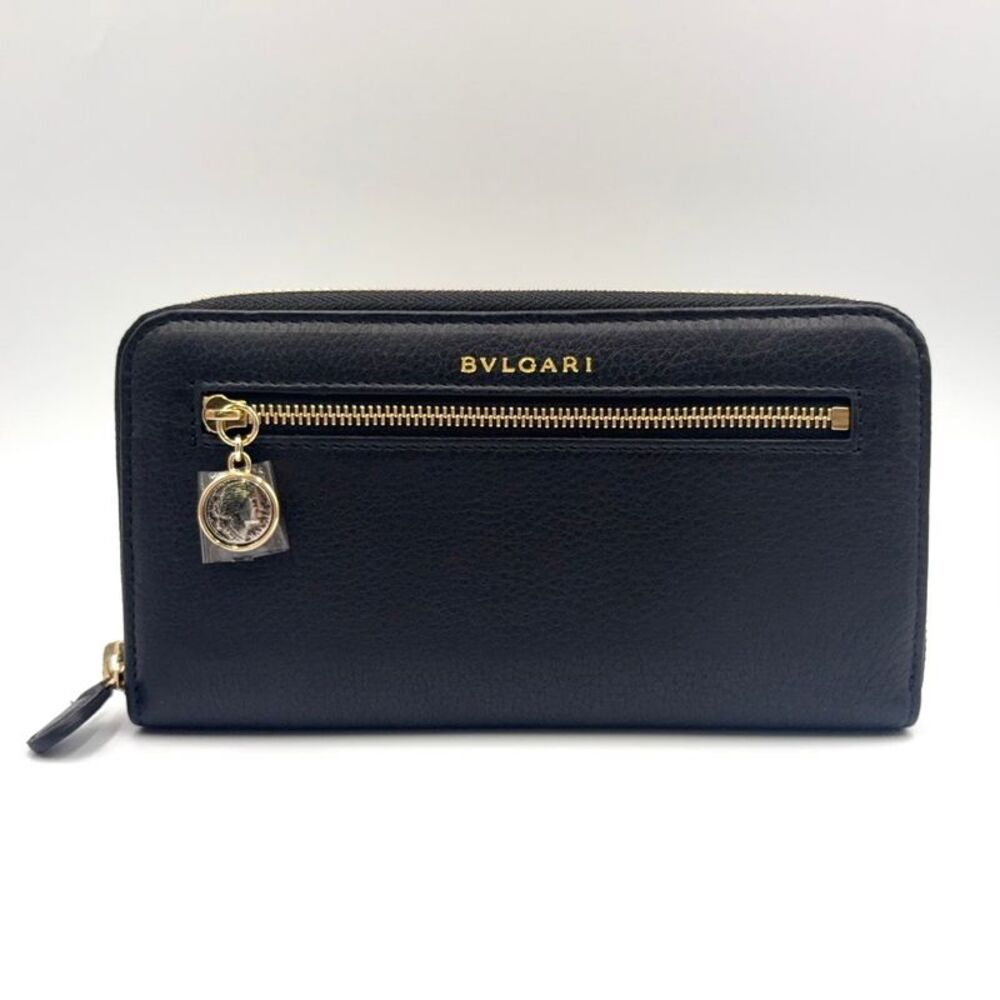 BVLGARI Leather Long Wallet Black Gold - Picture 1 of 10